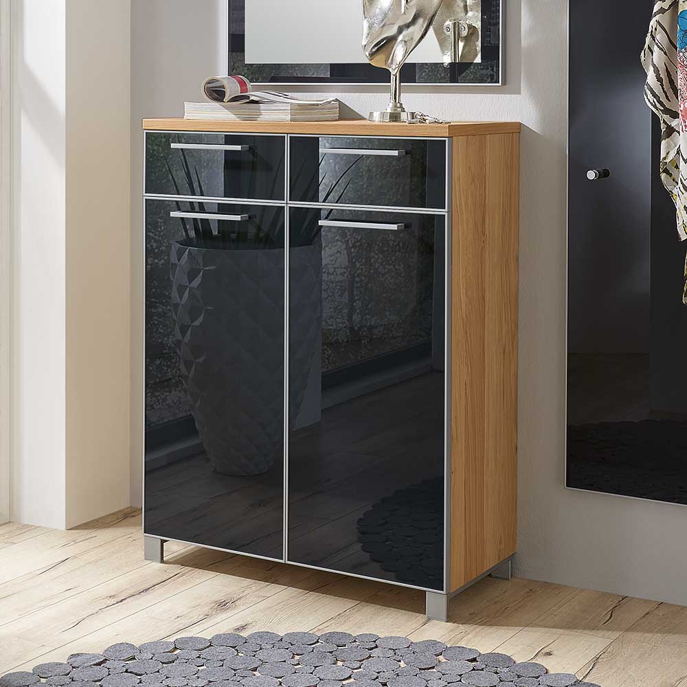 Anthrazit Glas Schuhschrank mit Holzplatte und silbernen Griffen für den Eingangsbereich – Lalaika