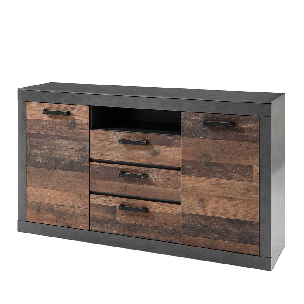 Modernes Kombi Sideboard mit Beton- und Altholz-Optik, perspektivische Ansicht – Timuras