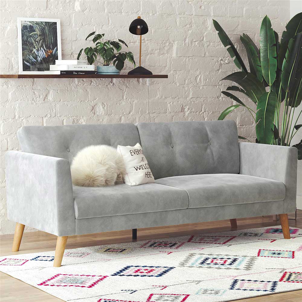 Samtsofa in Hellgrau mit Buche Natur - Gonlamo