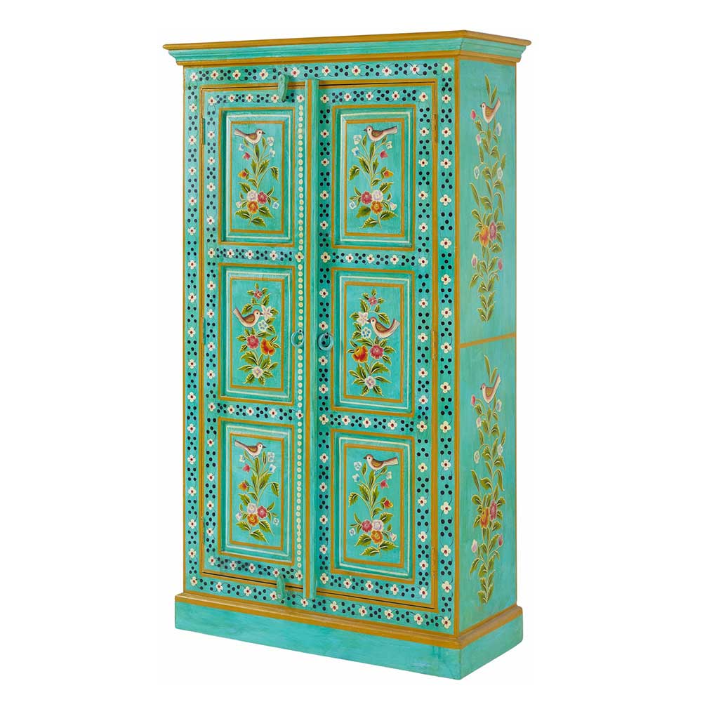 Bunter Vintage Holzschrank mit kunstvoller Vogel- und Blumenmalerei auf den Flügeltüren – Lennlo