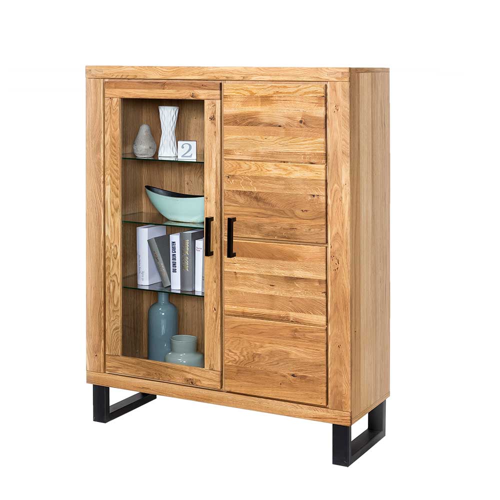 Teilmassives Highboard aus Eiche mit Glastür und Holzfront, schwarze Beine – Arello