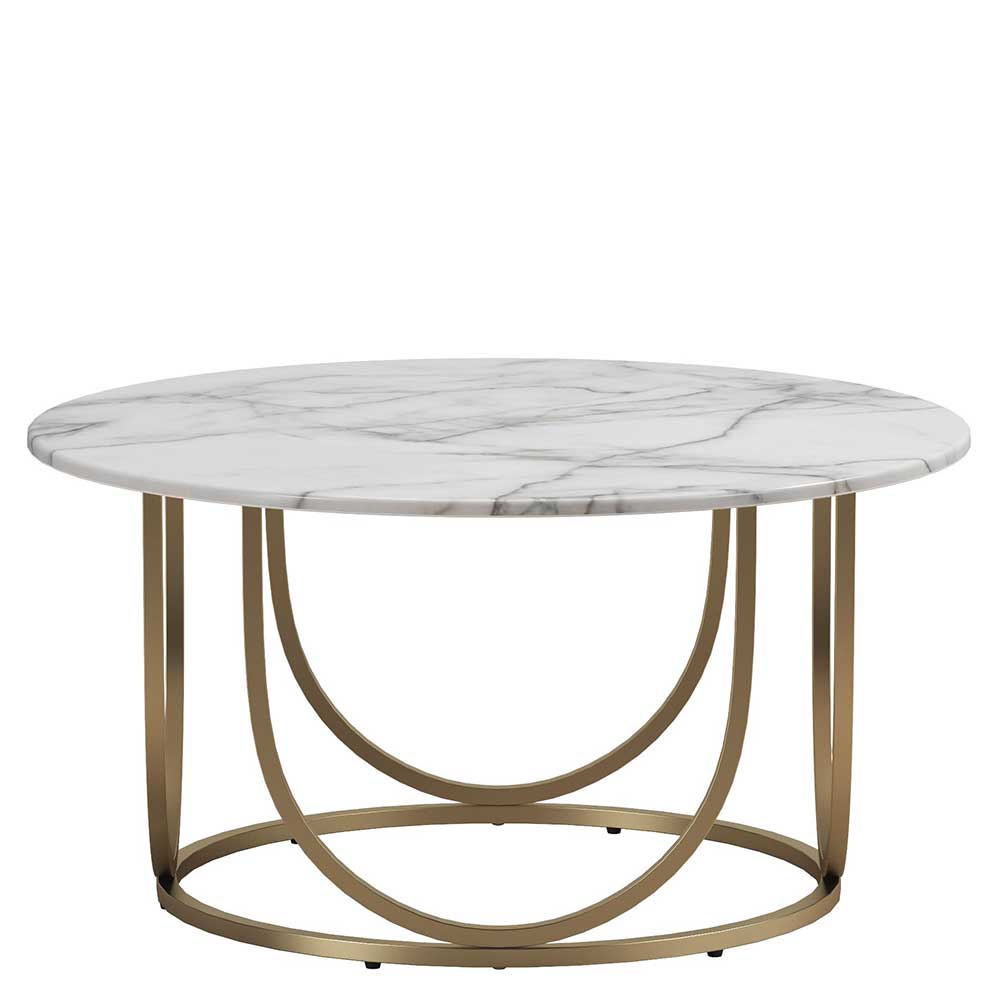 Runder Design-Couchtisch mit weißer Marmorplatte und elegantem goldenen Ringgestell für das Wohnzimmer – Molisea