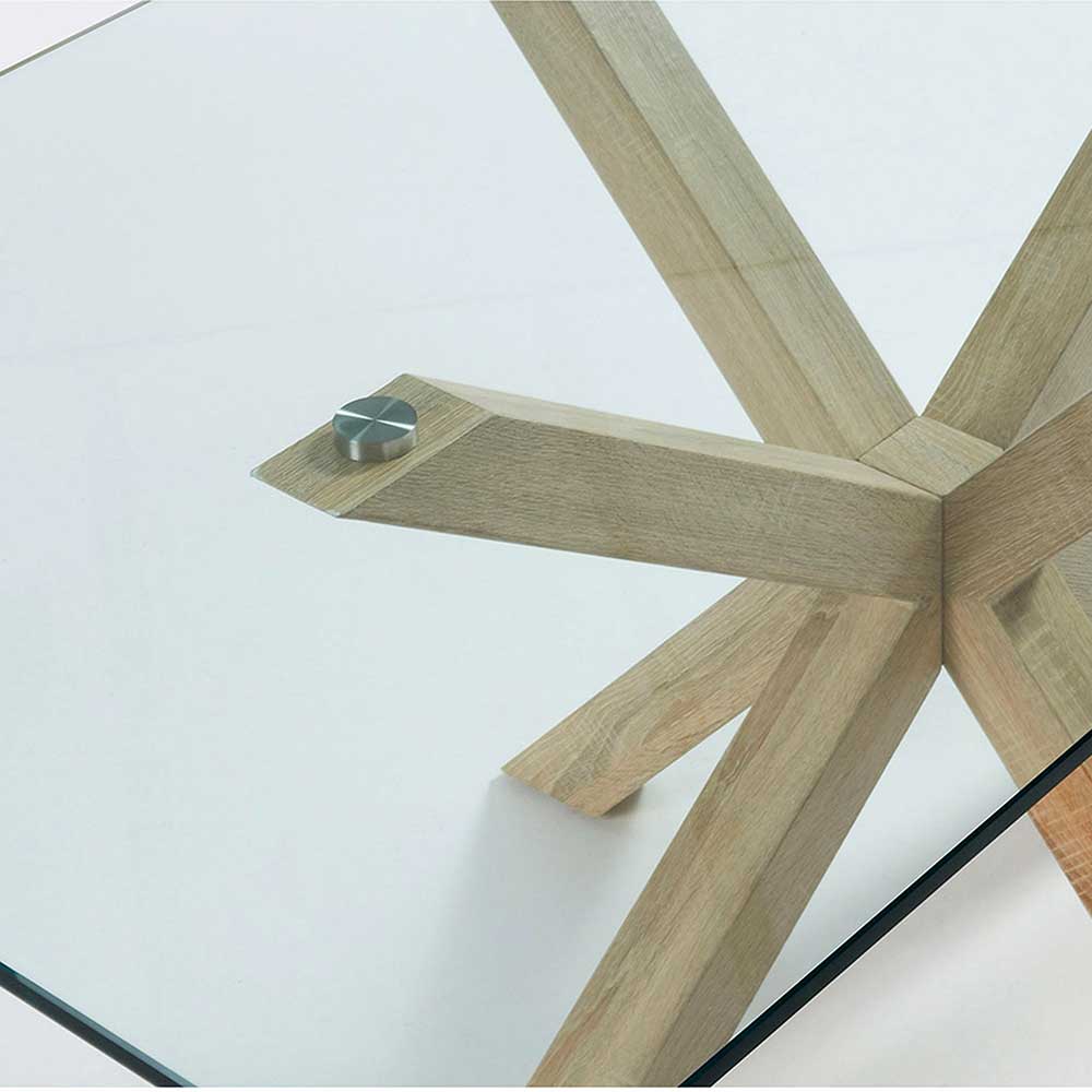Glas Esszimmertisch mit Stahlgestell Savetrac in Holz Optik