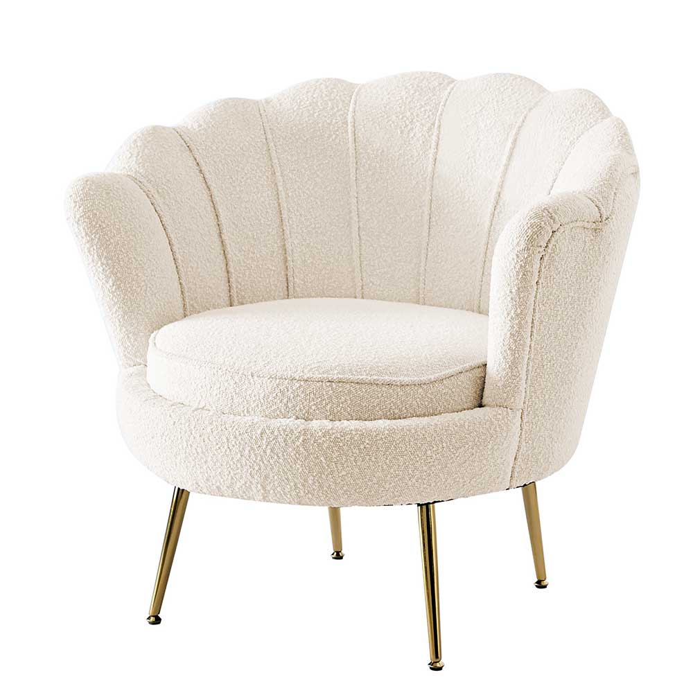 Gemütlicher Wohnzimmer Sessel in Beige Boucle Stoff mit eleganter Muschelform und goldenen Beinen – Ucera