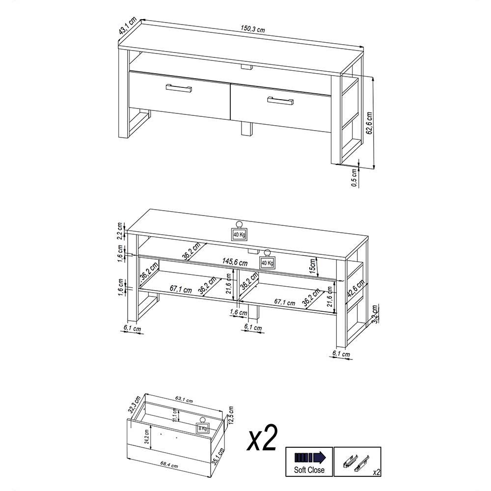 TV Board in Nussbaum Dekor & Schwarz - Dudleys