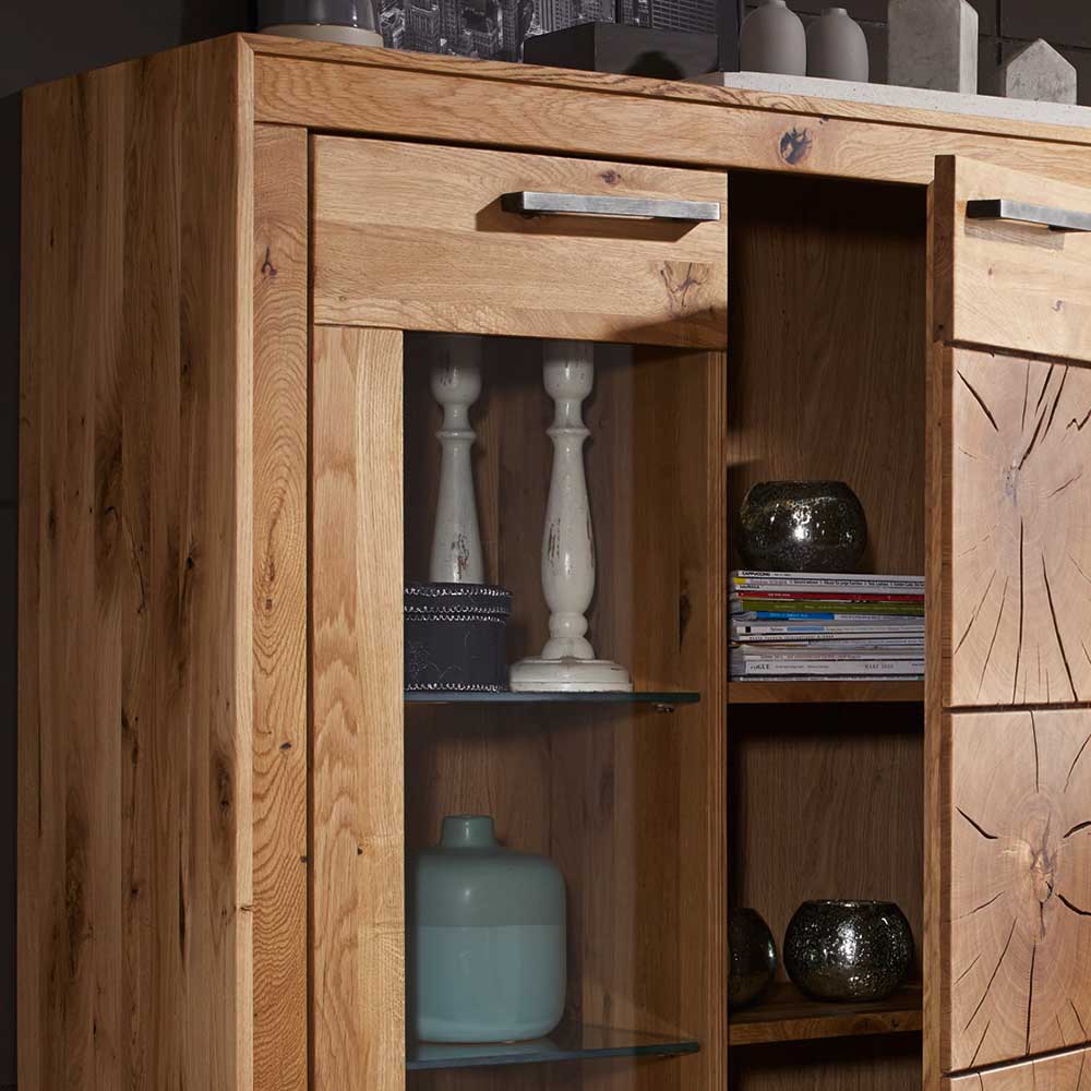 Wildeiche Highboard Troncon mit Glas Einsatz