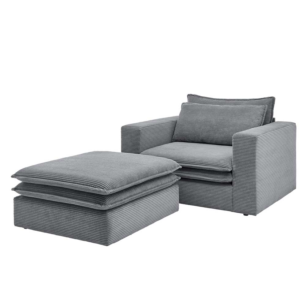 Zweiteiliges Sessel und Hocker Set in modernem grauem Cordstoff für das Wohnzimmer – Ruffos