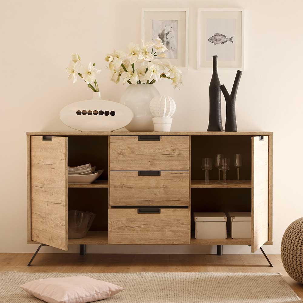 Offenes Design Sideboard Eiche mit geöffneten Türen, Schubladen und Ablagefächern für Wohnzimmer – Rodonda