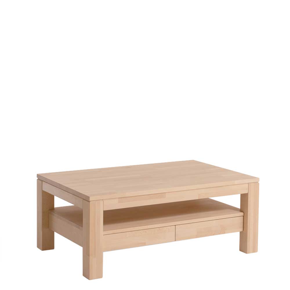 Quadratischer Massivholz Couchtisch in Natur mit integriertem Stauraum für das Wohnzimmer – Bastiona