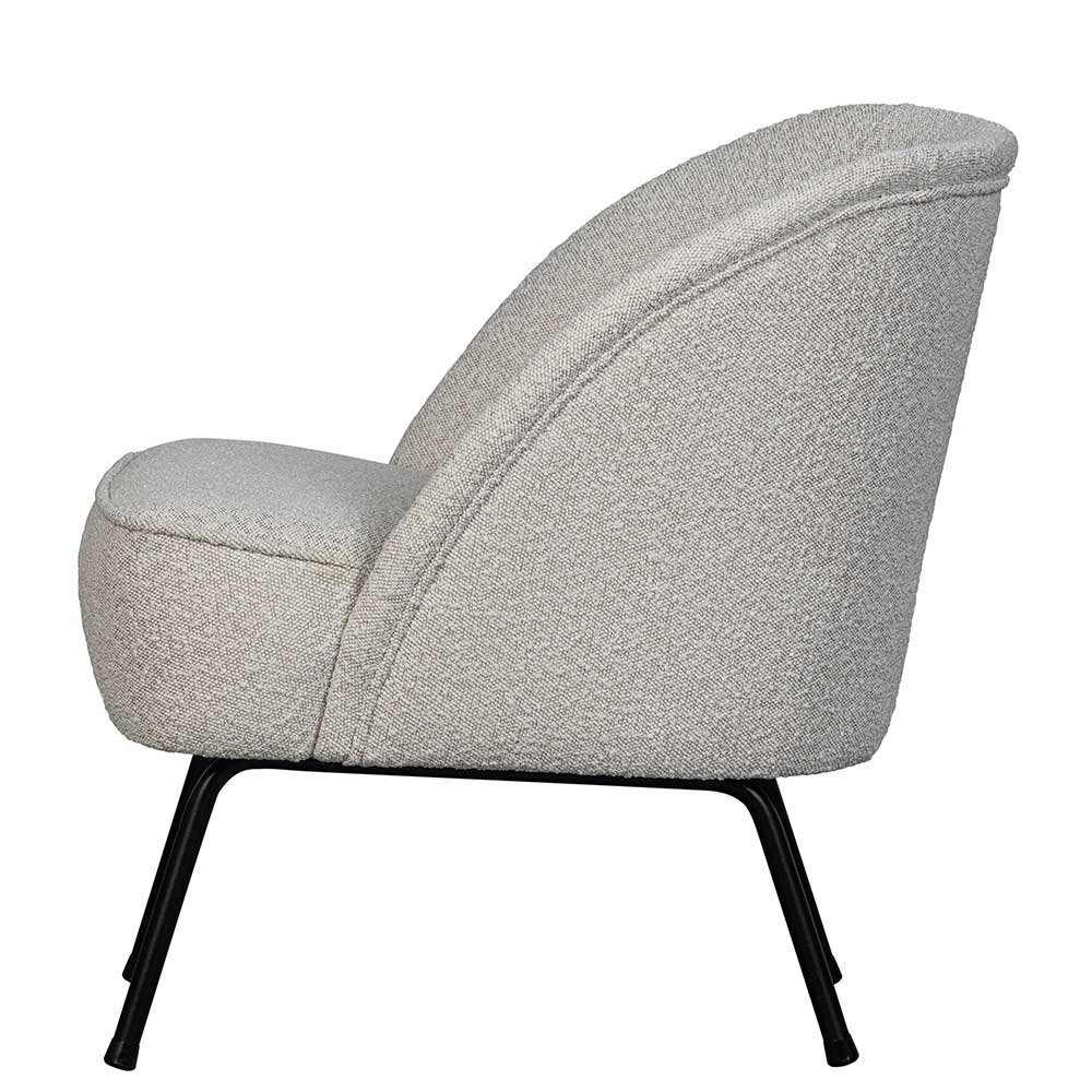 Beigegrauer Boucle Sessel mit geschwungener Rückenlehne und schwarzen Metallbeinen – Jason