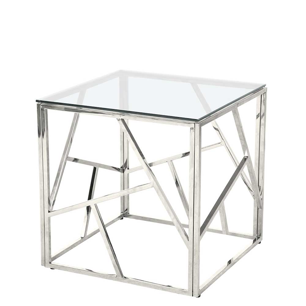 Quadratischer Design Couchtisch mit klarer Glasplatte und glänzendem, geometrischem Metallgestell für das Wohnzimmer – Sharka