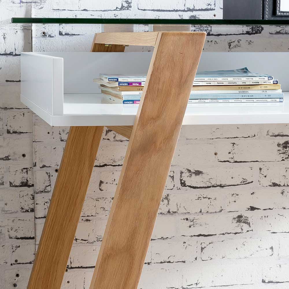 Design Bürotisch aus Glas und Holz mit praktischer Ablagefläche – Madita