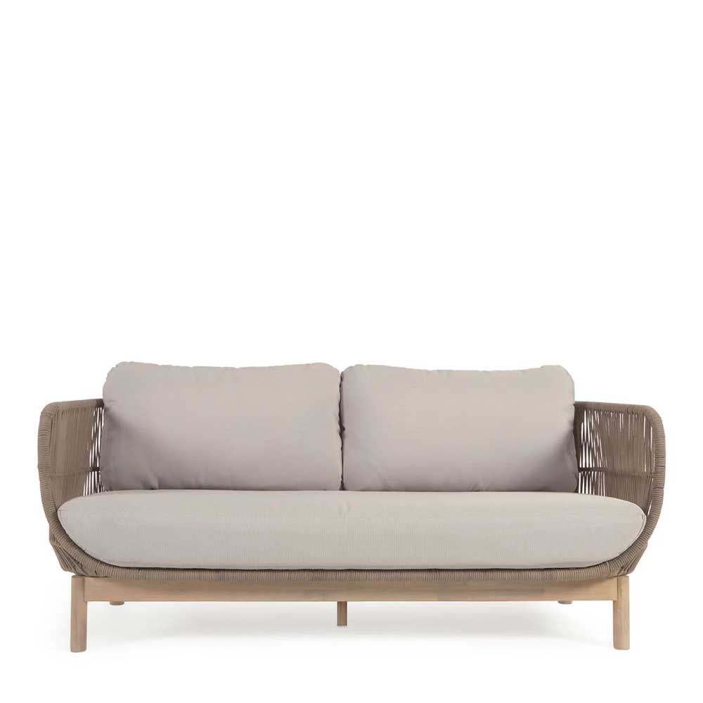 Zweisitzer Sofa aus beigem Kordelgeflecht und hellem Holz mit Polsterkissen – Calivias