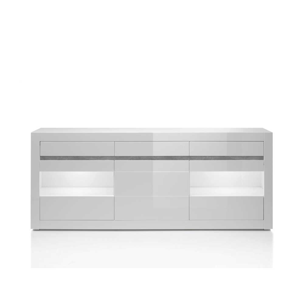 Hochglanz Sideboard in Weiß mit 2 Glaseinsätzen Mextra & Beton Dekor