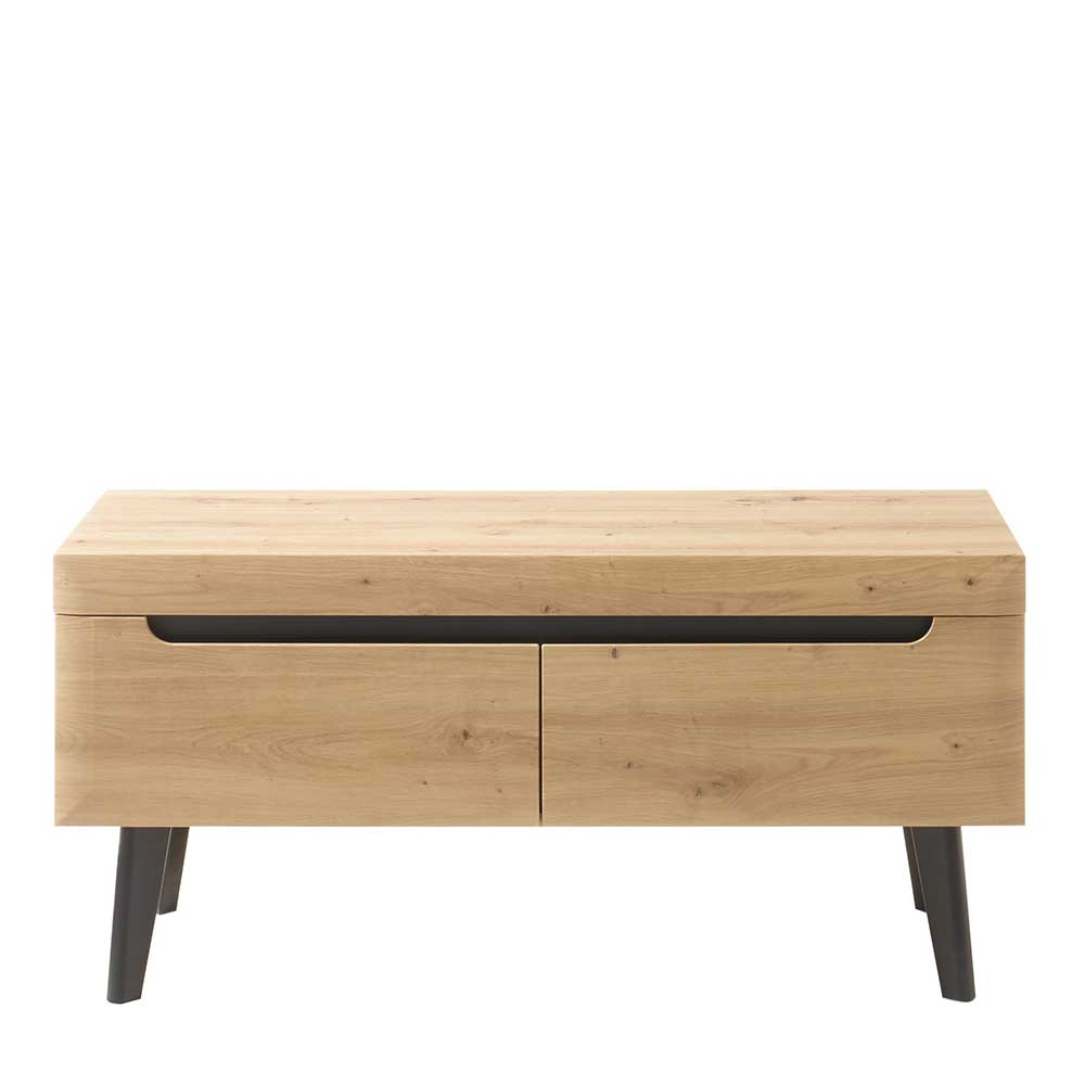 Modernes Scandi Chic TV Lowboard in Eichenoptik mit zwei Schubladen und schwarzen Griffen Möbelfüße – Olcian
