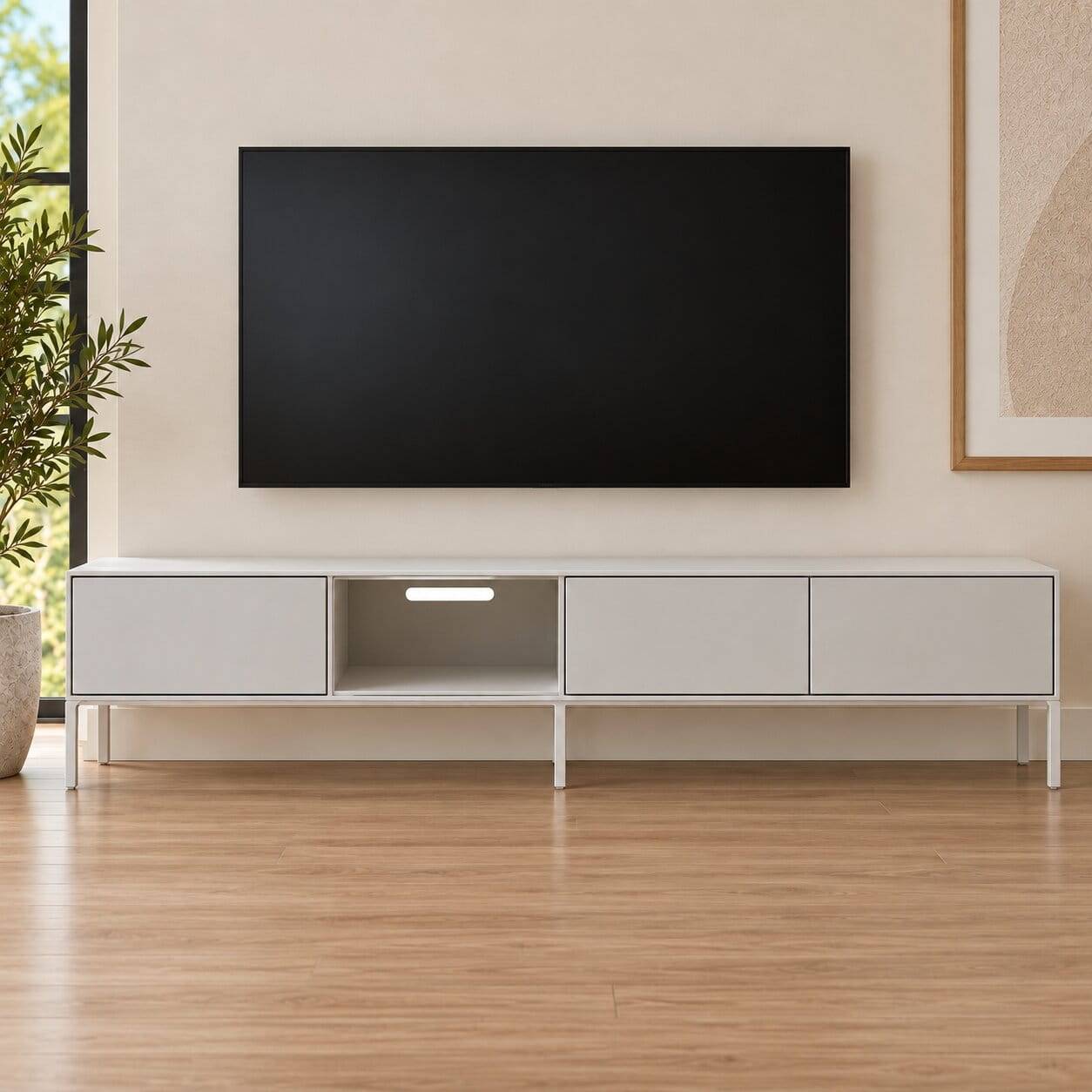 Elegantes weißes TV Lowboard mit drei Schubladen und Ablagefach für das Wohnzimmer – Dresconio