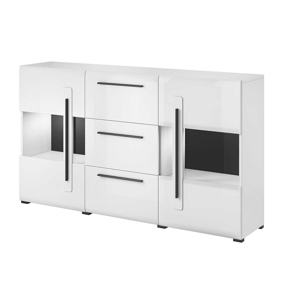 Elegantes weißes Hochglanz Sideboard mit drei Schubladen und seitlichen Glastüren für das Wohnzimmer – Baranoma