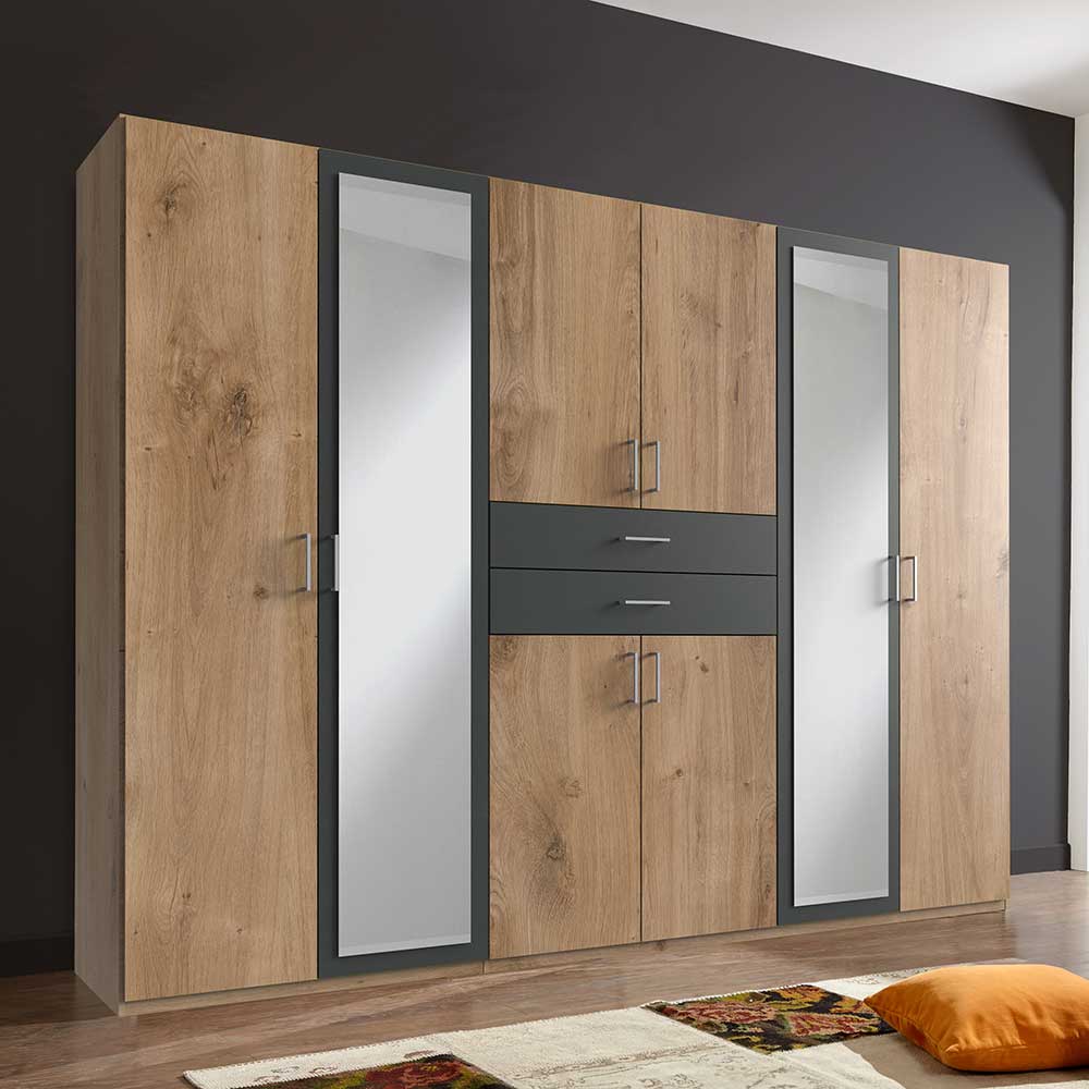 Großer Kleiderschrank 270 cm aus heller Eiche mit grafitfarbenen Akzenten, Spiegeltüren und Schubladen – Ayla
