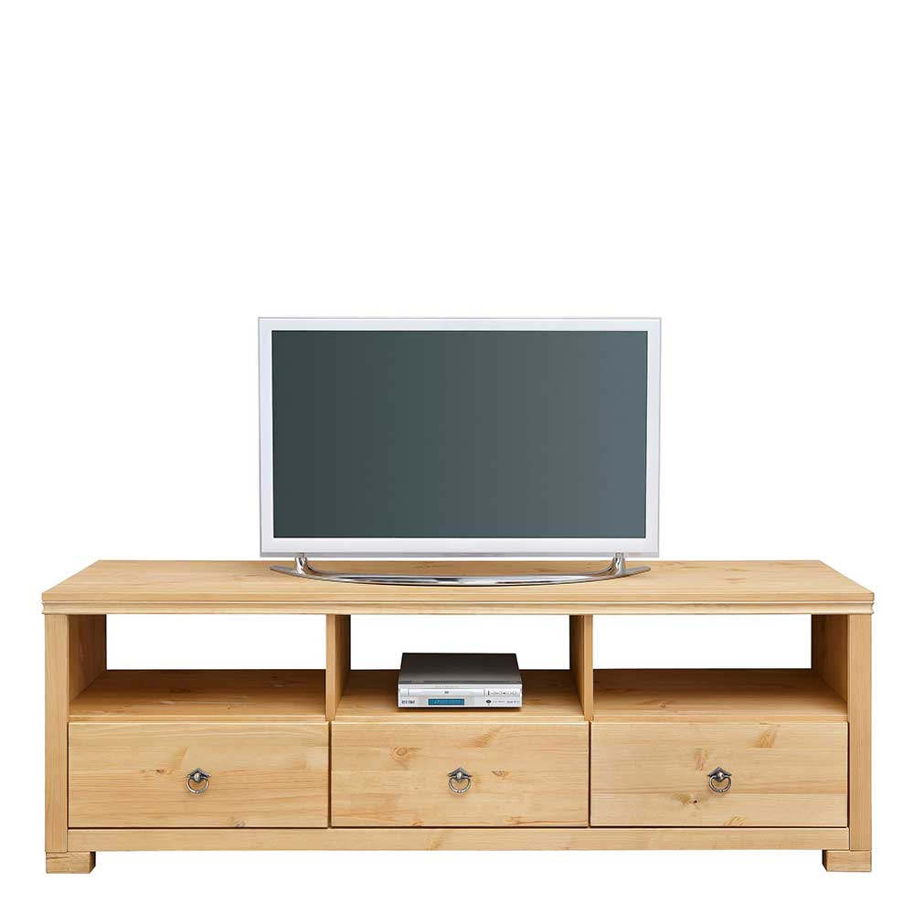 Kiefer TV Rack natur geölt mit geschlossenen Schubladen und drei offenen Fächern für Mediengeräte – Vinidad
