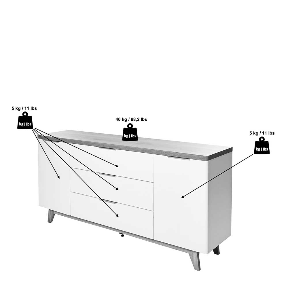 Sideboard weiß mit Kerneiche Belastungsangaben für Ablagefläche und Schrankfächer – Xuana