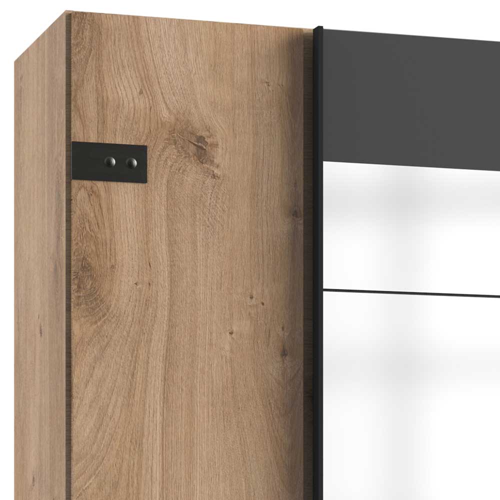 Kleiderschrank Seitenansicht in Holzoptik mit dunklem Akzent und Spiegeltür – Enegal