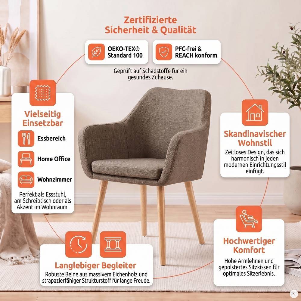 Gepolsterter Küchenstuhl mit Armlehnen, vielseitig einsetzbar für Esszimmer und Home Office – Arne