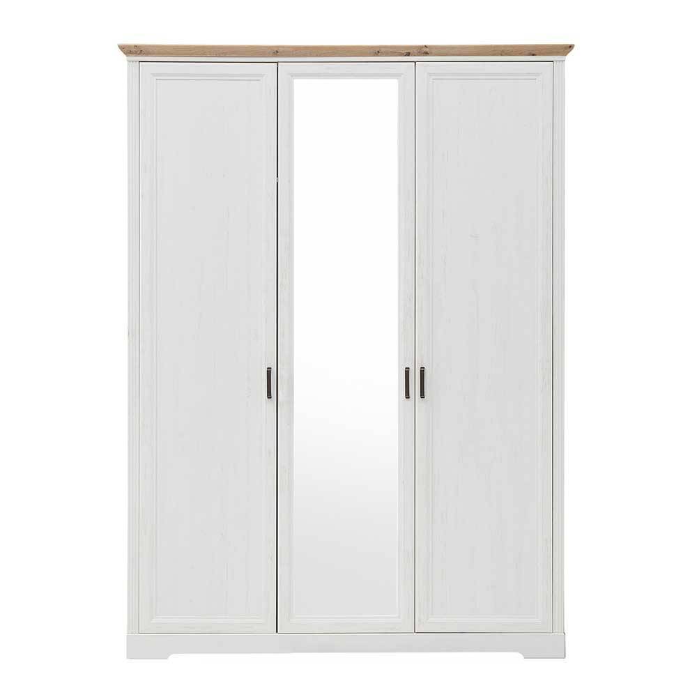 Weißer dreitüriger Kleiderschrank mit mittigem Spiegel und Holzplatte im Landhausstil – Maggio