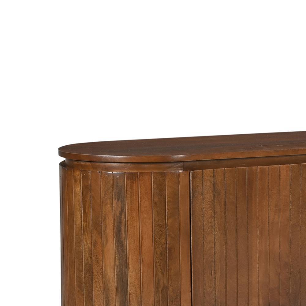 Oberkante des ovalen Mangoholz TV Lowboards mit feiner Holzmaserung und abgerundeter Form – Galadira