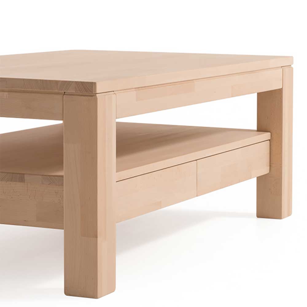 Heller Massivholz Couchtisch mit praktischer Ablage und zwei Schubladen – Bastiona