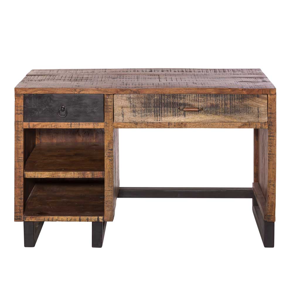 Massiver Recyclingholz Schreibtisch 120x50 cm mit zwei Schubladen und seitlichen Ablagefächern – Bahiro