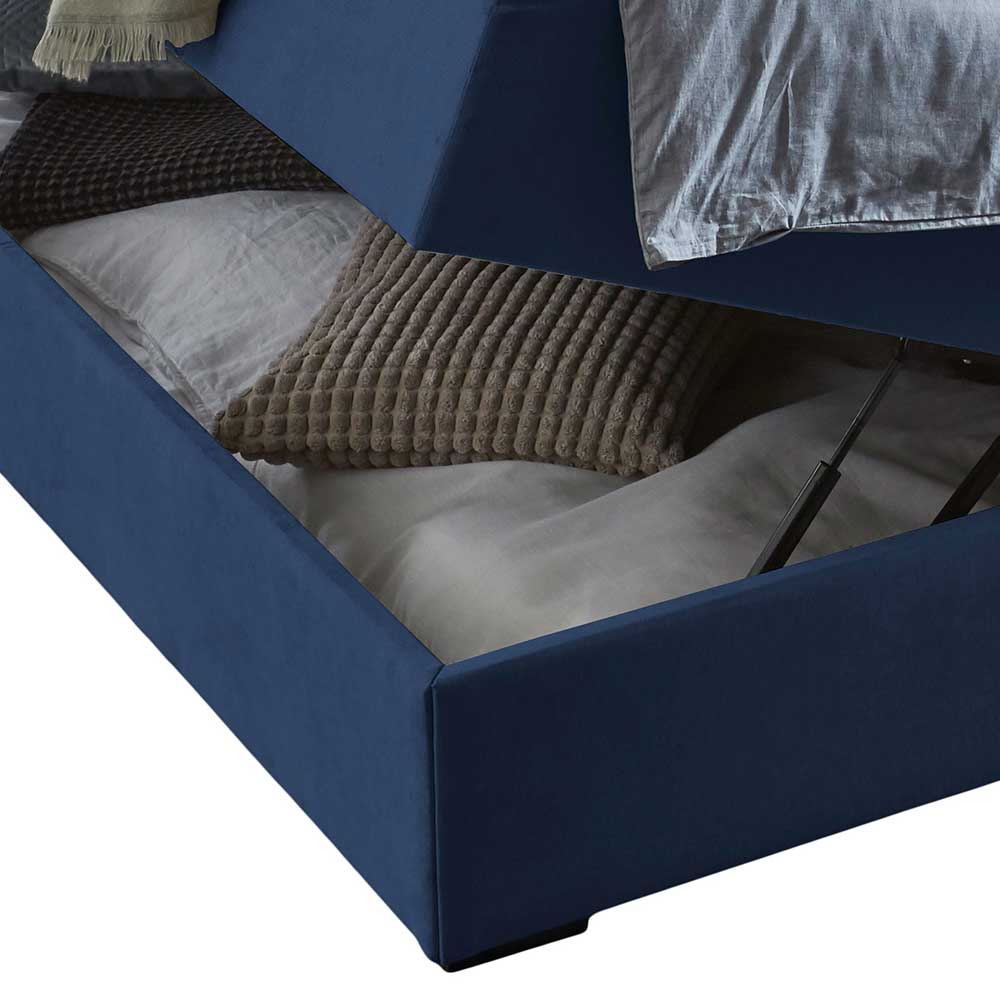 Blaues Stauraumbett mit 118cm hohem Kopfteil - Remilia