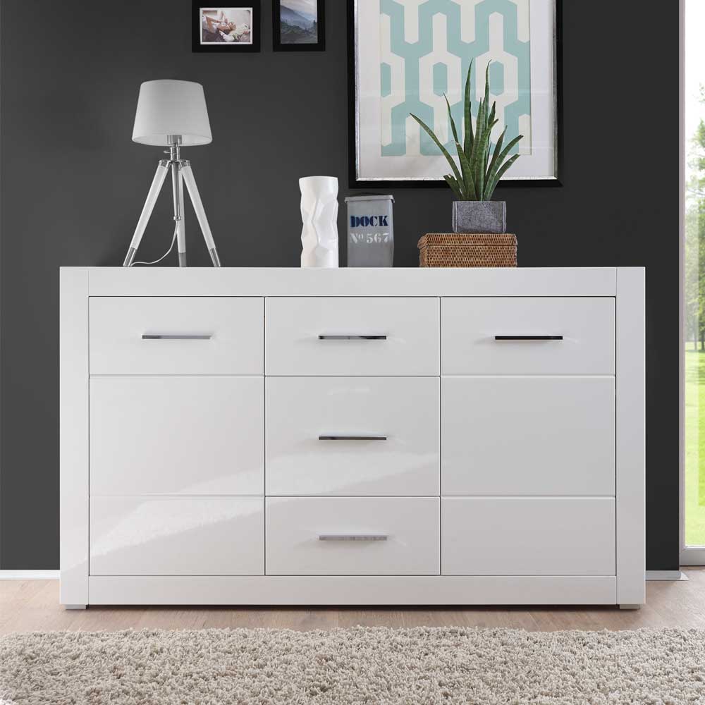 Weißes Sideboard mit Hochglanz Front Yulis & Chrom Metallgriffen