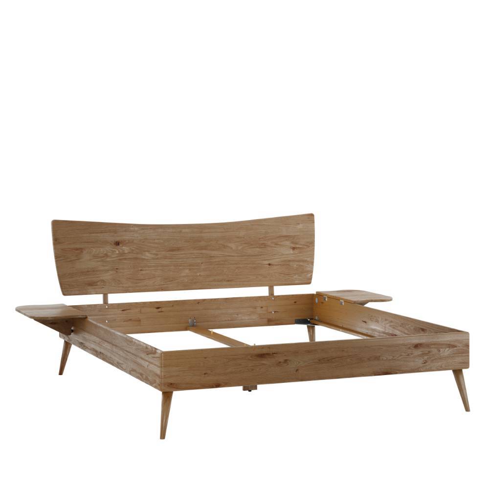 Holz-Bettgestell aus Wildeiche mit integrierten Nachtkonsolen und konischen Füßen – Plural