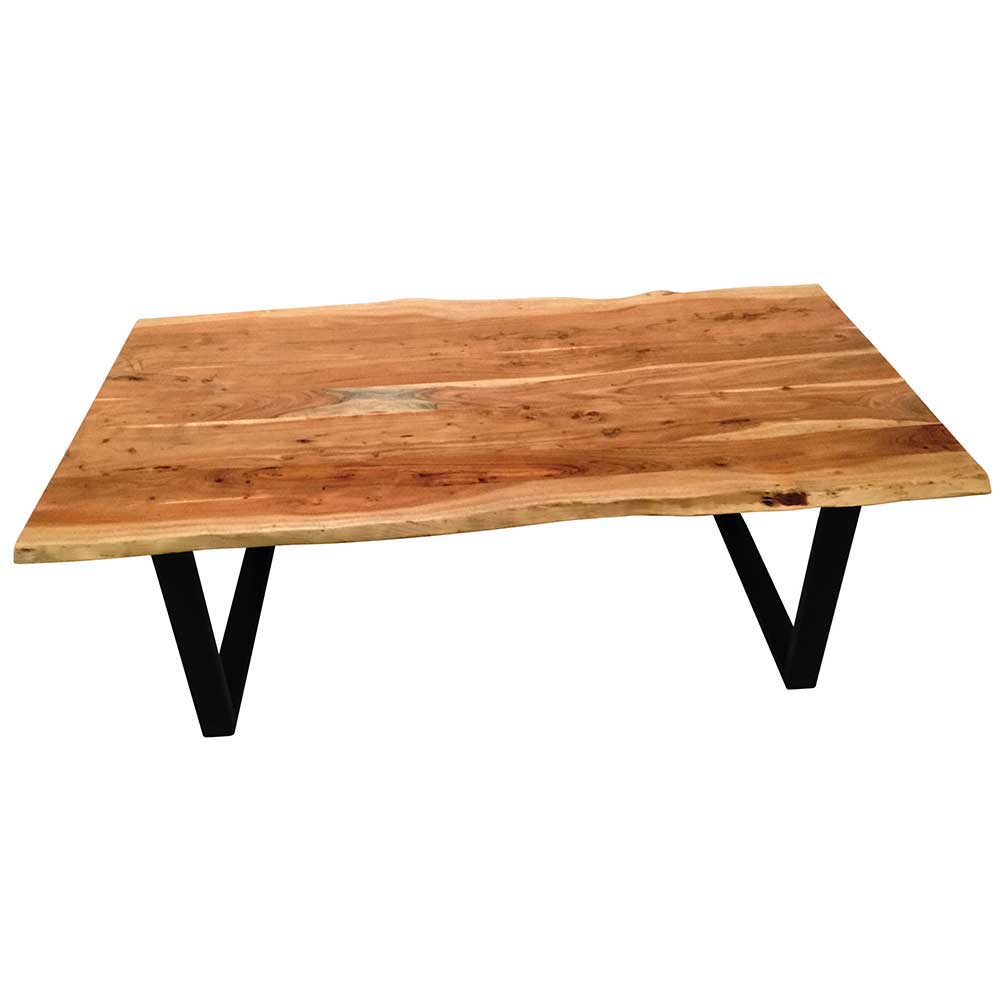 Moderner Holztisch mit Baumkante und zwei schwarzen Metallfüßen in V-Form für Esszimmer – Lician
