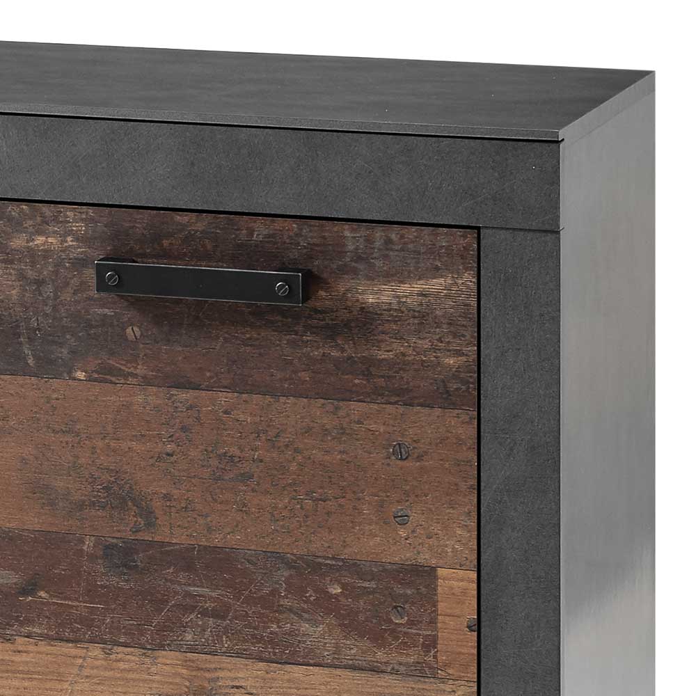 Rechte Tür des Sideboards in Altholz-Optik mit schwarzem Griff und dunklem Korpus – Timuras