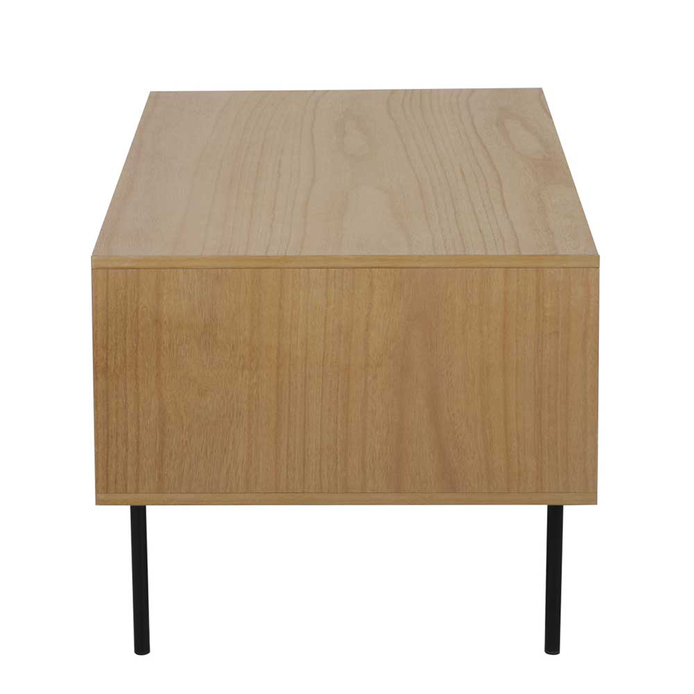 Heller Holz Beistelltisch mit schlichtem Design und schwarzen Metallbeinen von der Seite – Esholda