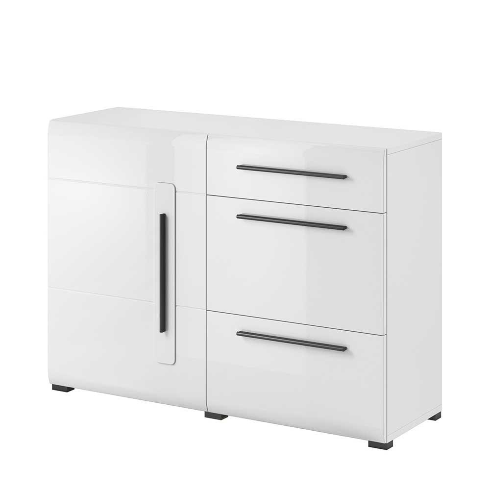 Moderne weiße hochglanz Kommode für Wohnzimmer oder Flur, drei Schubladen und Tür – Baranoma