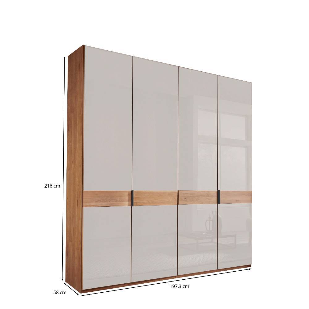 Großer Schlafzimmerschrank mit Maßen 216x197,3x58 cm, hellgrauen Hochglanztüren und Holzoptik – Dilacco