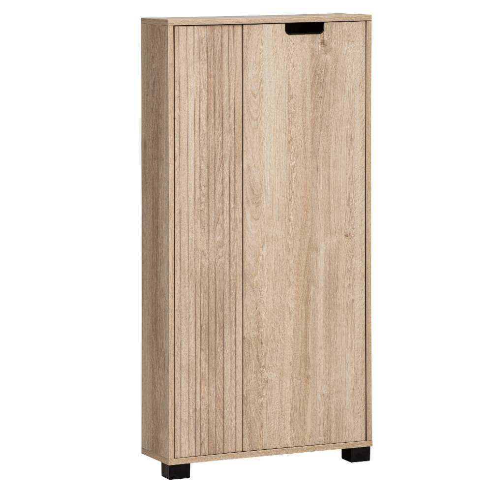 Dielen-Highboard in Weißeiche Holzoptik mit geschlossenen Türen, geriffelter Front und schwarzen Griffen – Danascov