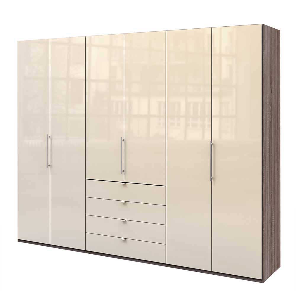 Geräumiger Falttüren Kleiderschrank mit beige Hochglanzfronten und grauen Seiten – Budelli