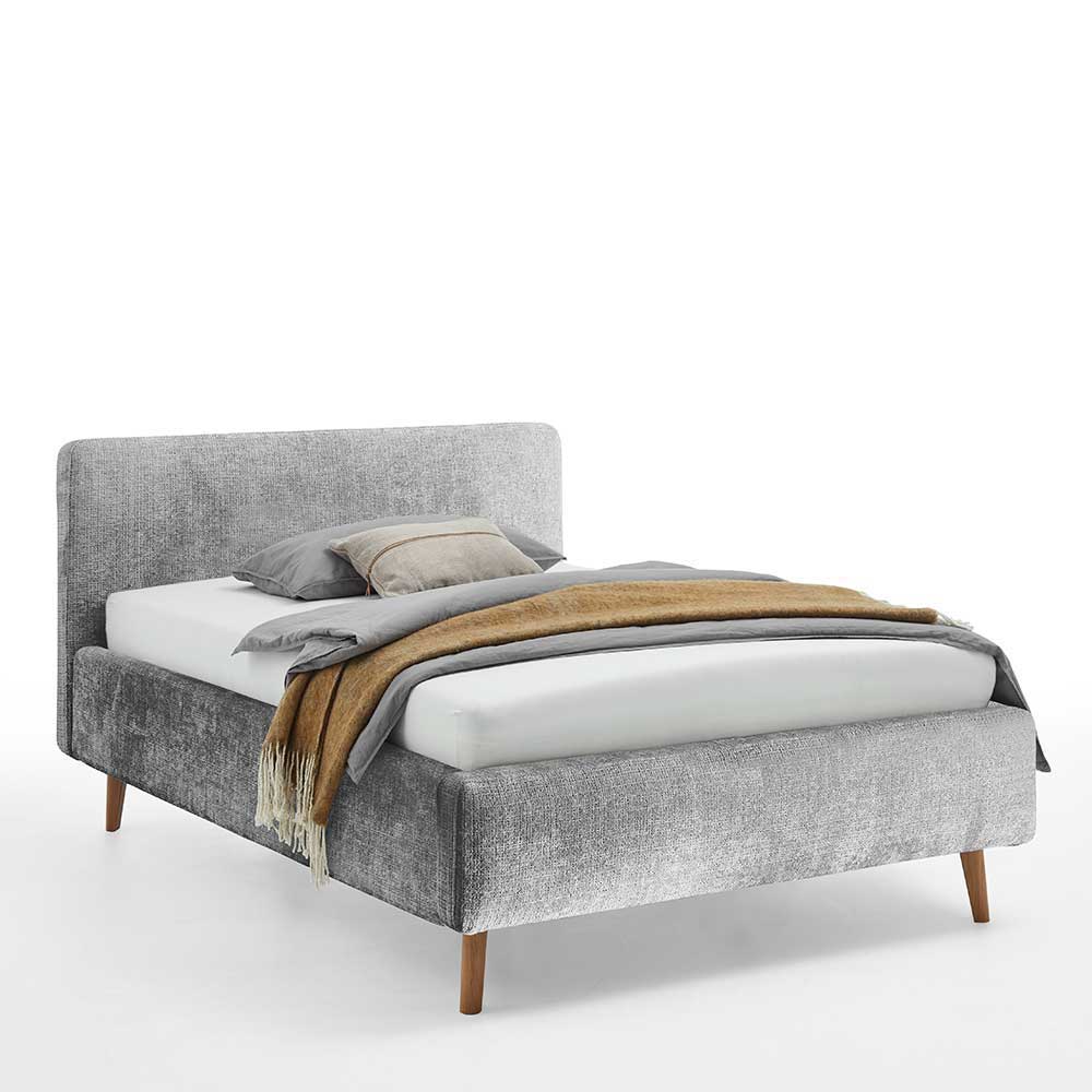 Graues Polsterbett mit Boucle Bezug und Holzfüßen - Endrov