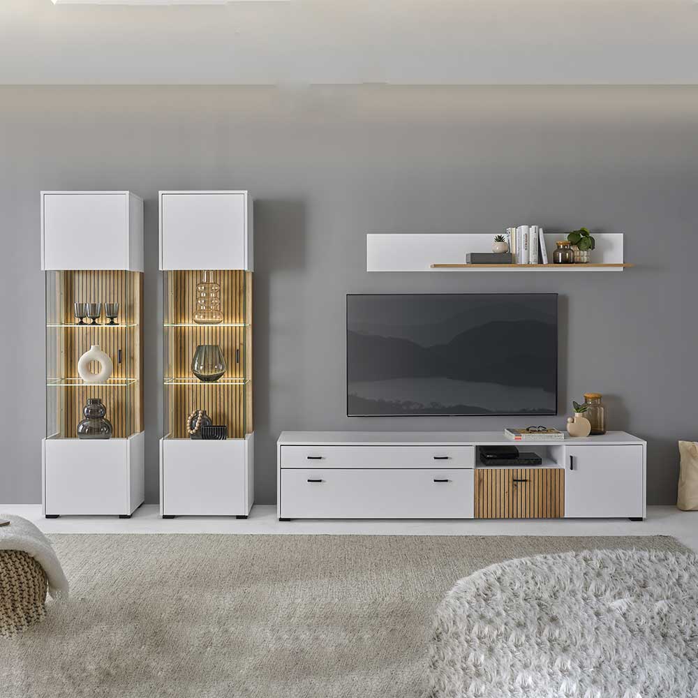 Modernes 4-teiliges Wohnzimmer Set in Weiß mit zwei Vitrinen, TV-Board und Wandregal – Nenaloro