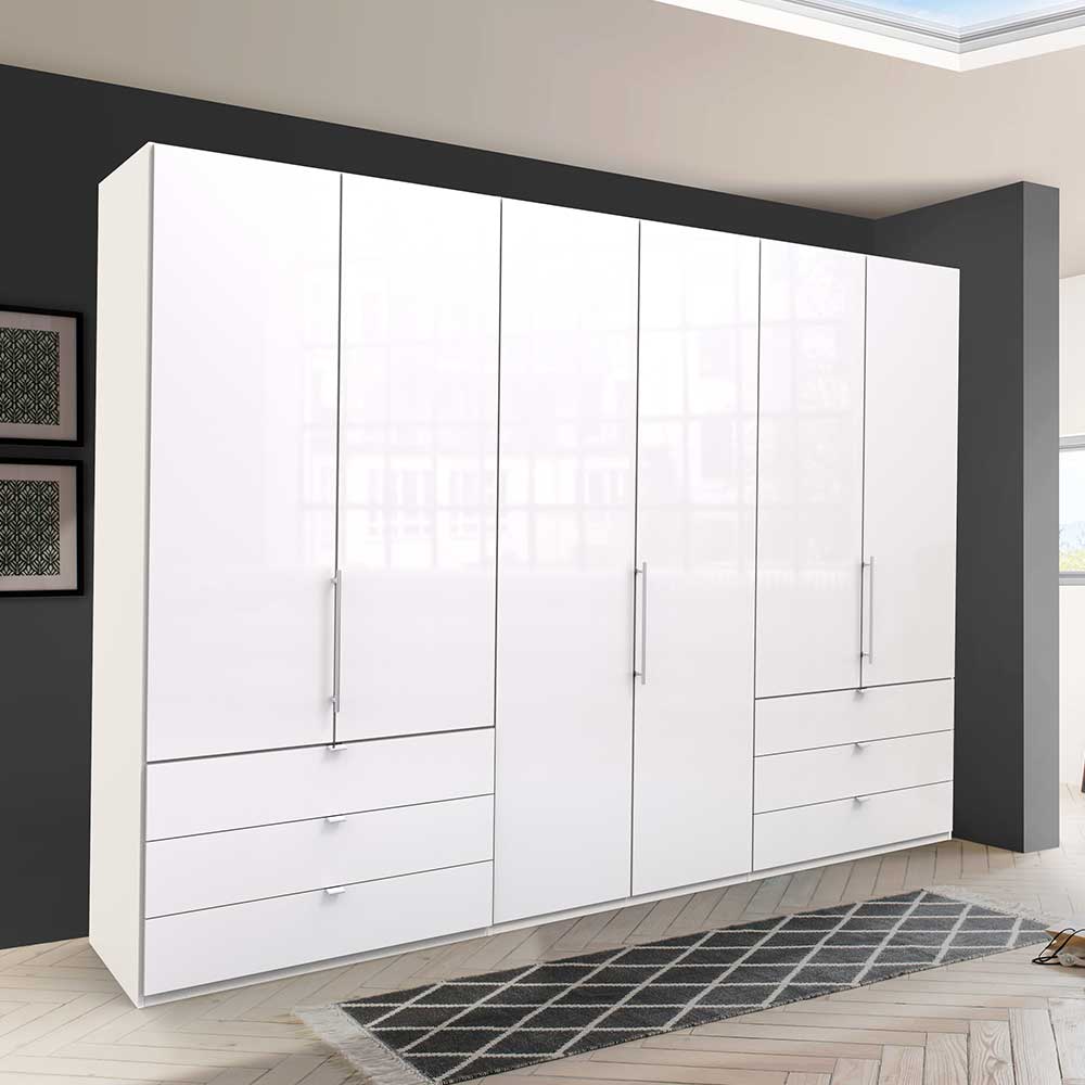 Großer weißer Hochglanz Kleiderschrank für das Schlafzimmer mit Türen und Schubladen – Dolienca