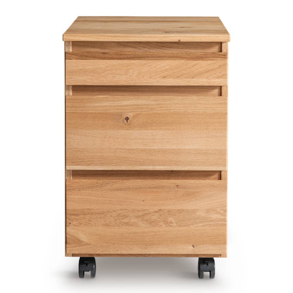 Schreibtisch Rollcontainer aus Eiche Massivholz mit drei geschlossenen Schubladen auf Rollen – Calexia