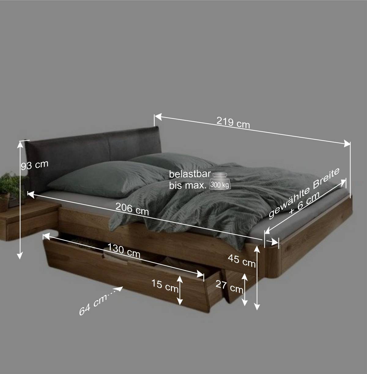 Doppelbett mit zwei Bettkästen aus Wildeiche - Zennian