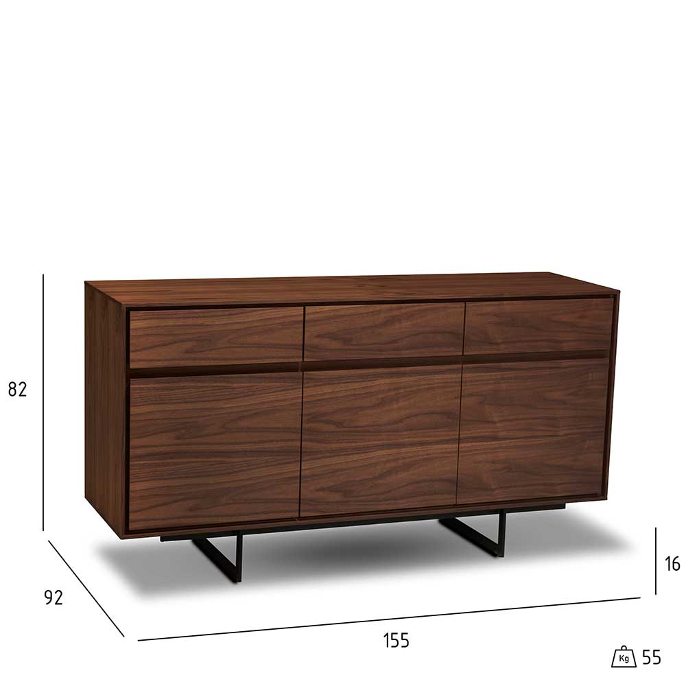 Retro-Sideboard aus dunklem Holz mit Maßen und Abmessungen auf schwarzem Bügelgestell – Frenanda