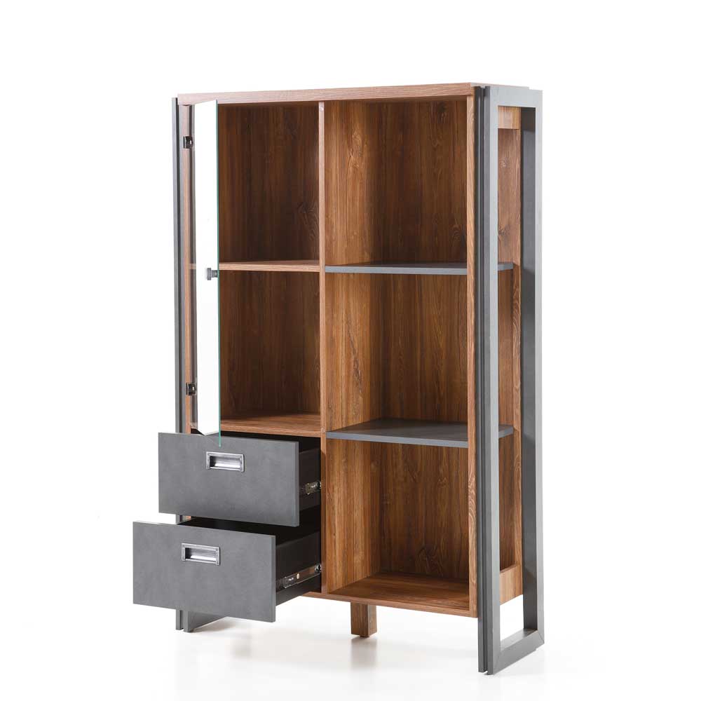 Loft Design Highboard in Eiche dunkel mit Glasvitrine und zwei Schubladen für Wohnzimmer – Rompira