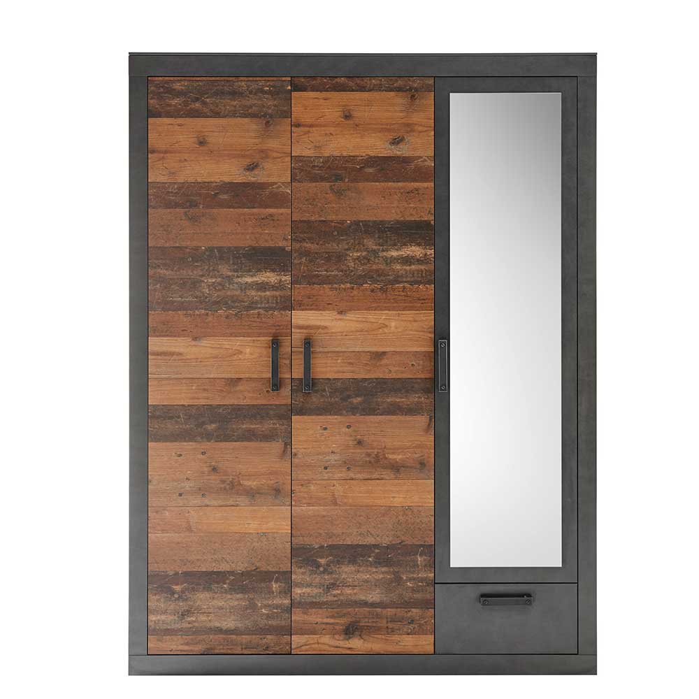 3-türiger Schlafzimmerschrank mit Holzoptik-Fronten, Spiegel und einer Schublade – Timuras