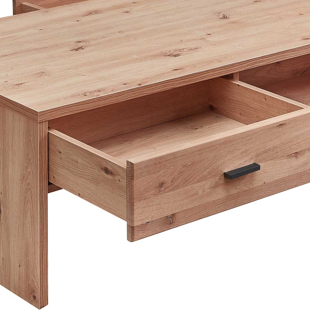 Detailansicht des Couchtisches mit offener Schublade und schwarzem Griff aus Holz – Mattadore