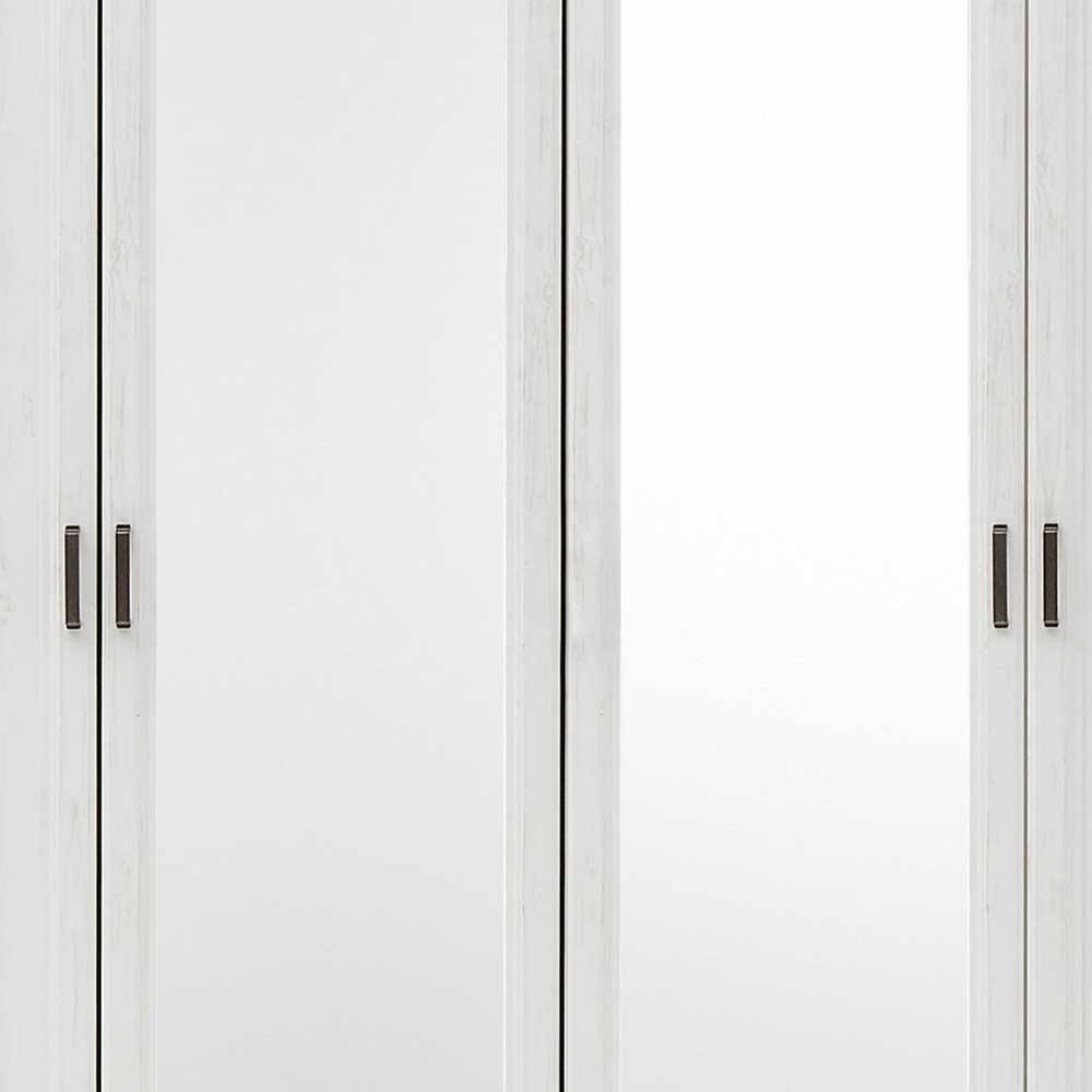 Zwei Spiegeltüren des weißen Kleiderschranks mit eleganten dunklen Metallgriffen – Maggio